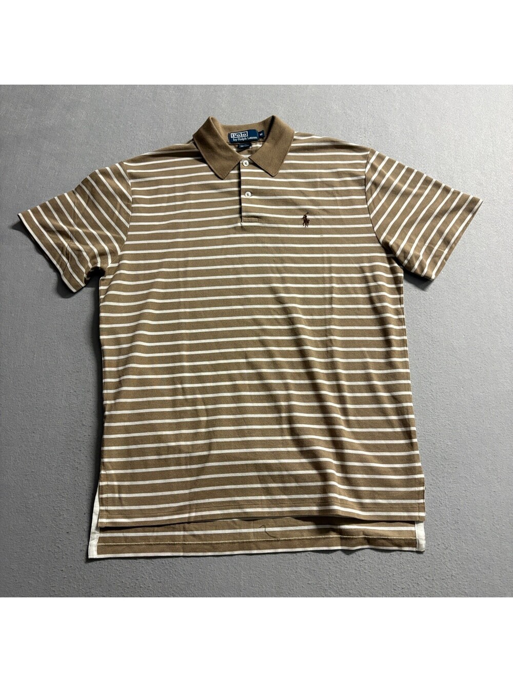 Polo Ralph Lauren Shirt Mens Medium Brown White Striped Short Sleeve Cotton Polo